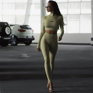 Women Top And Bottom Long Sleeve Crop Top And High Waist Leggings Slim Fit Yoga Sporty Letter Printed Activewear