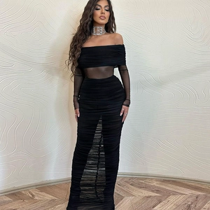 Women Sexy Black Off Shoulder Mesh Ruched Maxi Dress Elegant Slim Fit Long Sleeve Pleated Bodycon Party Evening Dress