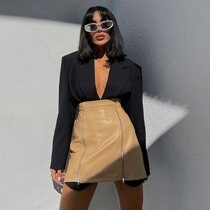 Mini-jupe en Cuir PU Sexy à Taille Haute pour Femmes Détail de Fermeture Éclair en Métal Jupe Courte Crayon Moulante Mode Navette Couleur Unie