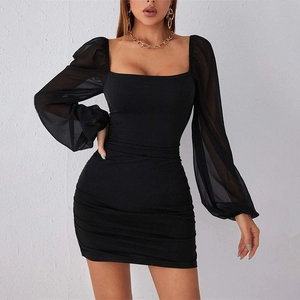 Women Square Neck Ruched Bodycon Mini Dress Elegant Mesh Puff Long Sleeve Solid Color Slim Fit Evening Party Club Dress