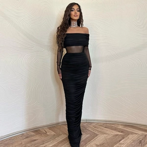 Elegant off-shoulder black mesh maxi dress with pleated texture and long sleeves