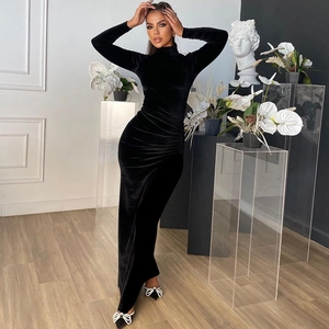 Robe Longue Sexy à Col Mi-haut et Manches Longues en Velours pour Femmes Élégante Robe Moulante Froncée de Soirée Couleur Unie