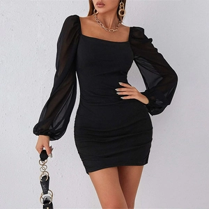 Sexy black bodycon dress featuring sheer mesh puff sleeves and an elegant square neckline