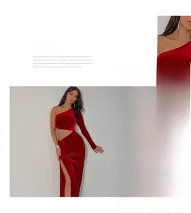 Detail of red velvet gown showing one-shoulder cut, waist cutout, and high slit design