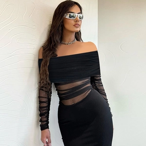 Elegant off-shoulder black mesh midi dress with long sleeves and pleated details