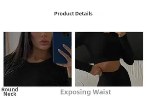 Detail shot of the ribbed texture, round neckline, and crop cut on the black sports set