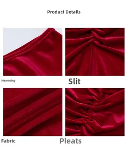 Detailed views of velvet fabric showing premium texture, high slit, and pleated edges