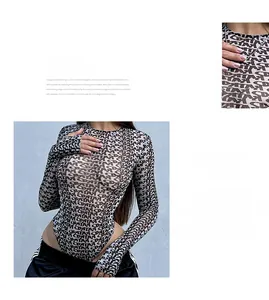 Close-up of printed mesh bodysuit featuring black and white letter patterns and crew neck