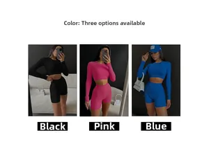 Three-color ribbed two-piece sports set featuring long sleeve crop tops and high waist shorts