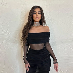 Elegant black mesh off-shoulder long sleeve dress with ruched detail and high waistline