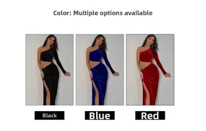 Detail view of one-shoulder velvet dress with waist cutout and high slit in three colors