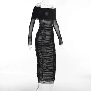 Elegant off-shoulder black mesh ruched maxi dress with long sleeves for formal evening wear