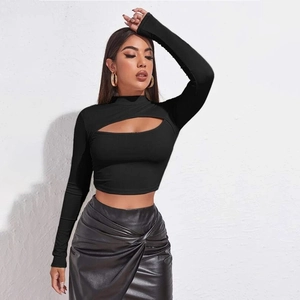 Maglietta da Donna Slim Fit con Ritaglio a Maniche Lunghe Sexy Collo Alto a Costine Crop Top Tinta Unita Streetwear Donna