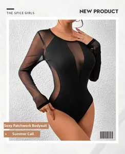 Detail of black long sleeve mesh bodysuit featuring sheer panels and slim fit design