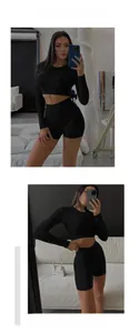 Detail of black ribbed long sleeve crop top and shorts set in spice style texture