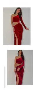 Macro view of geometric hollow waist detail on high-slit burgundy velvet evening dress