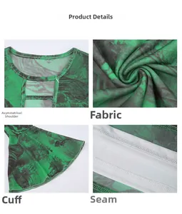 Dettaglio del tessuto mesh tie-dye, scollatura asimmetrica, maniche svasate e cuciture fini