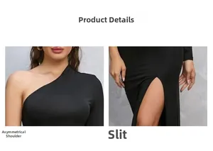 Dettaglio dell'elegante scollo monospalla e dello spacco laterale sul vestito lungo nero