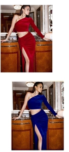 Detailed texture of velvet fabric on one-shoulder top and high slit skirt evening set