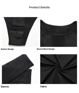 Detail view of black bodysuit featuring mesh sleeves, round neckline and snap crotch