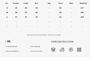 Detailed size chart for mesh bodysuit showing S, M, L dimensions and care instructions