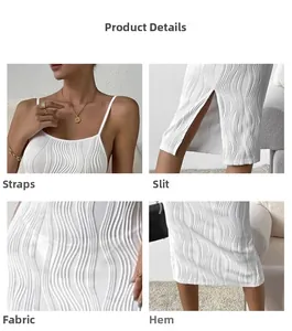 Détails du tissu gaufré blanc, des fines bretelles et de la fente latérale de la robe