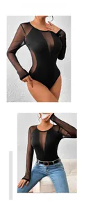 Detail view of black mesh patchwork bodysuit showing sheer long sleeves and textured fabric