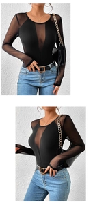 Detailed view of sheer mesh paneling and deep V-neck on black long sleeve bodysuit