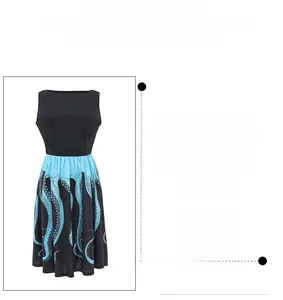 Detail of octopus print flare hem on a vintage sleeveless dress with slim waist design