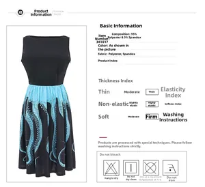 Detail showing octopus print fabric composition 95% polyester and 5% spandex on blue skirt
