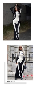 Close-up of the abstract black and white female silhouette print on the slim bodycon dress