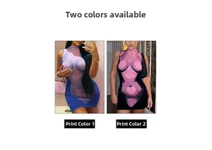 Detail view of 3D heat-map body print dresses in blue and black sleeveless designs