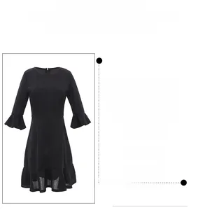 Detailed view of ruffle hem and flared bell sleeves on a black fitted midi dress