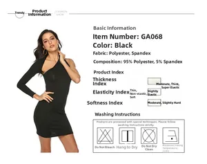 Detail view of black one-shoulder dress fabric specs with 95% polyester blend