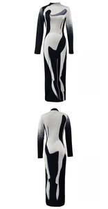 Detail view of body contour print dress with slim fit black and white contrast design