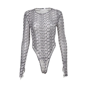 Women's slim fit bodysuit with long sleeves featuring black Russian text on white fabric