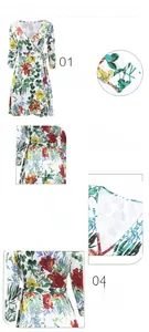 Detailansicht des V-Ausschnitt-Blumenkleides mit Taillengürtel und buntem Muster