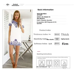 Detail shot of white ethnic print dress with 88% polyester and 12% spandex fabric info