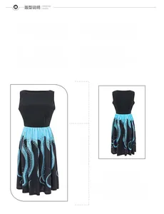 Detailed view of sleeveless dress featuring blue octopus tentacle art print on high waist skirt