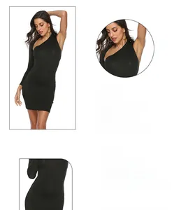 Detail of elegant black one-shoulder slim dress with asymmetric long sleeve and waist cut
