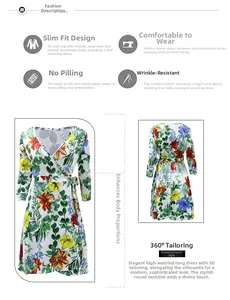 Detail eines geblümten V-Ausschnitt Kleides mit knitterfreiem Stoff und 3D-Passform