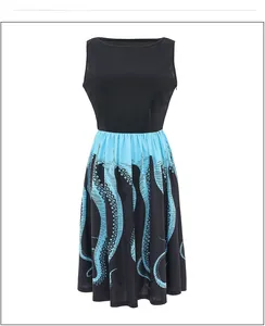Detail of octopus tentacle print on light blue A-line skirt with black sleeveless bodice