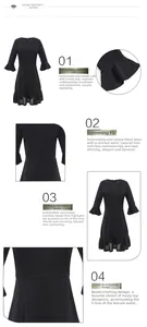 Detail view of black dress featuring flare sleeves, ruffled hem, and slim waist design