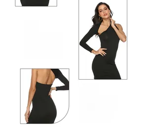 Detail view of the elegant black one-shoulder dress with a deep open back design