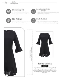Detail of flare sleeves and ruffle hem on a black high-waisted women's midi dress