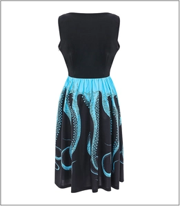 Close-up of sleeveless dress featuring blue octopus tentacle print on flared skirt hem
