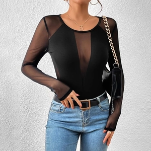 Sexy black long sleeve bodysuit featuring sheer mesh panels and solid fabric splicing