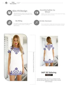 Detail view of ethnic print dress featuring 3D tailoring and wrinkle-free fabric