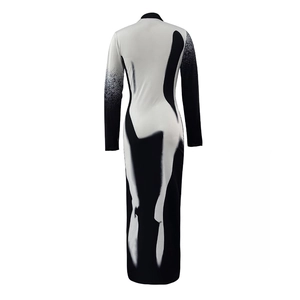 Slim fit long sleeve maxi dress with black and white abstract silhouette print