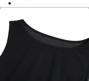 Close-up showing the smooth black round neckline and fine stitching detail on the dress